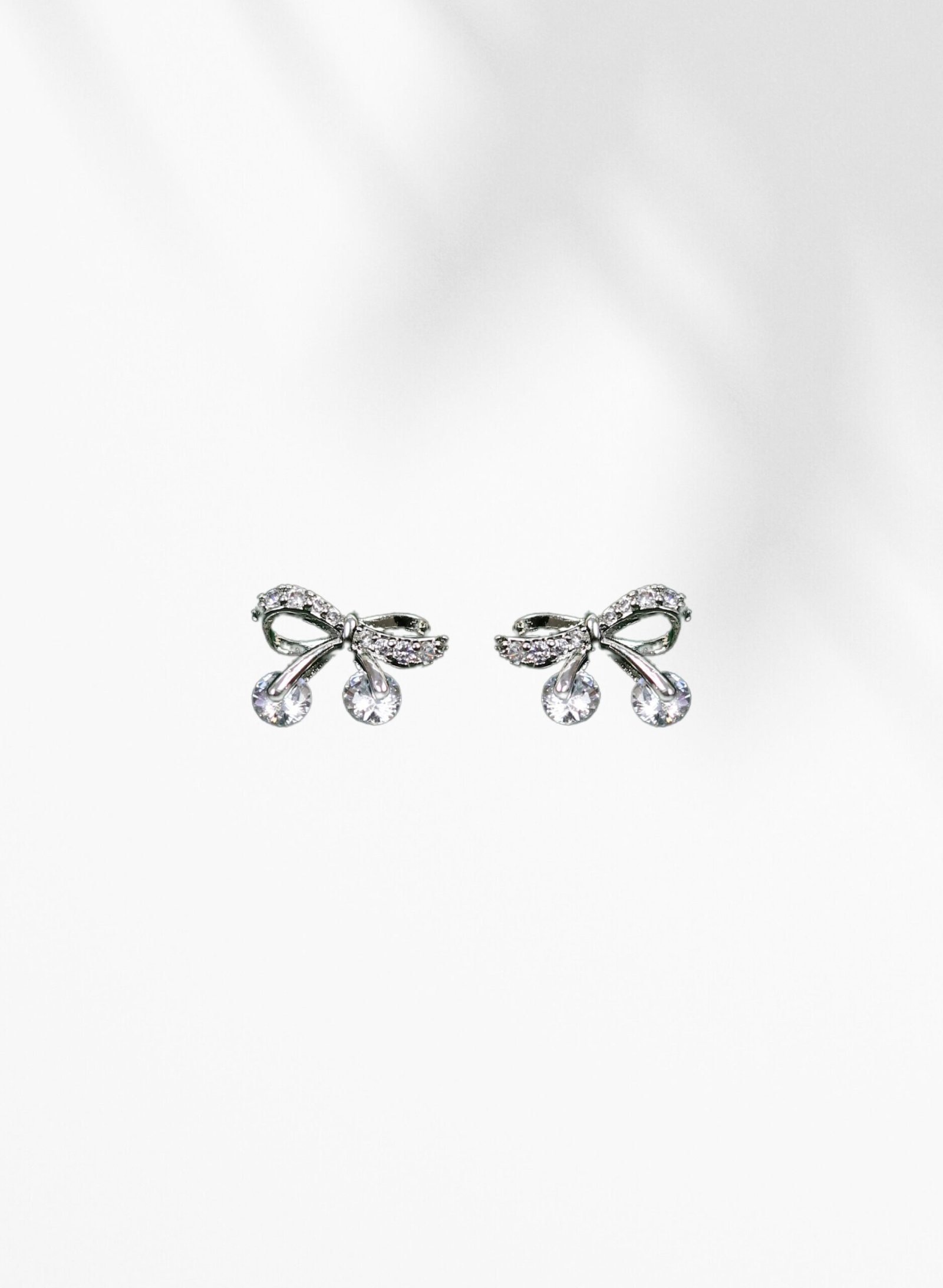Silver Bow Stud Earrings with Dangling Crystals | Elegant Dainty Earrings for Women