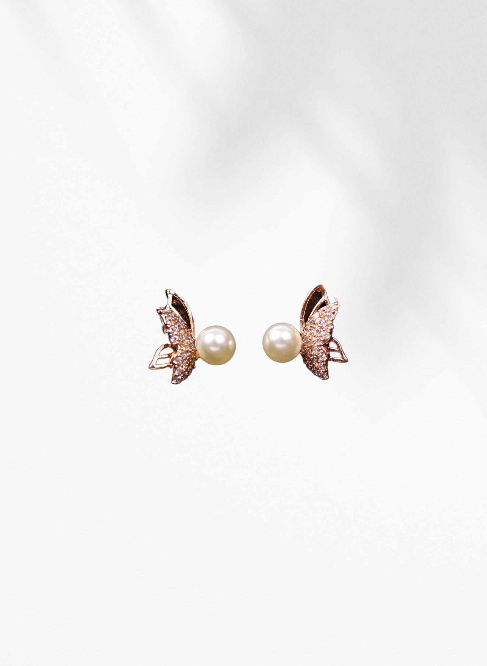Butterfly Pearl Stud Earrings with Rose Gold Finish