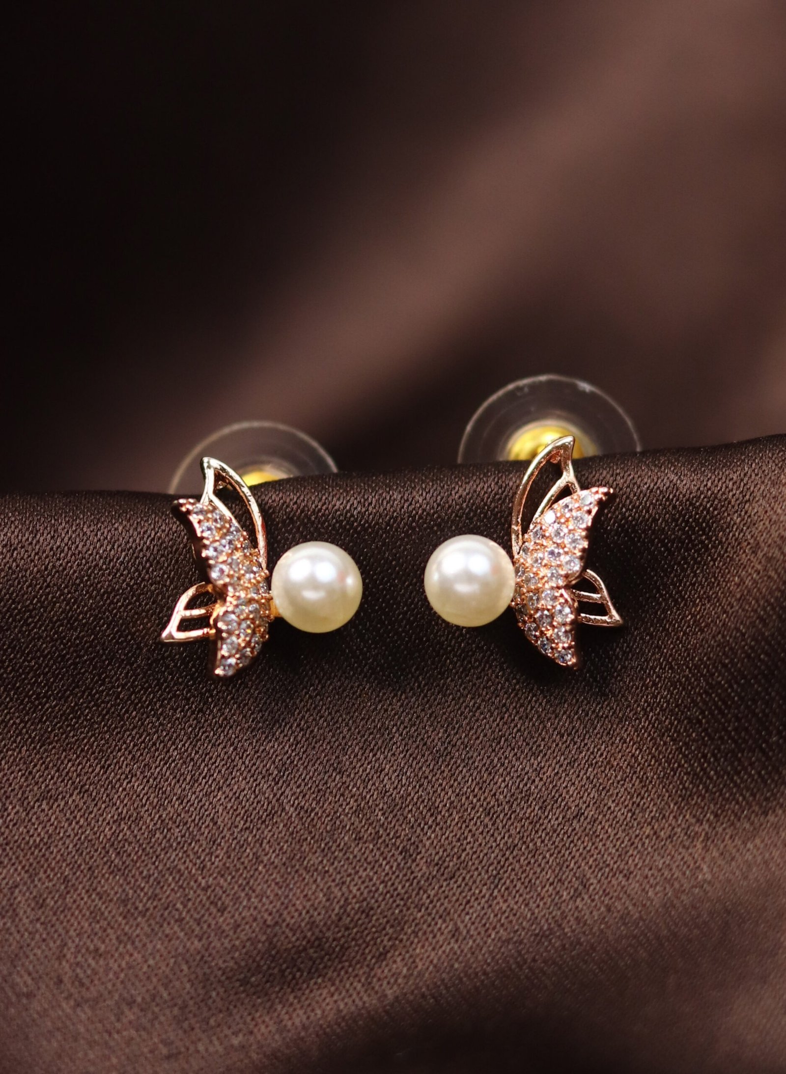 Butterfly Pearl Stud Earrings with Rose Gold Finish - Image 2