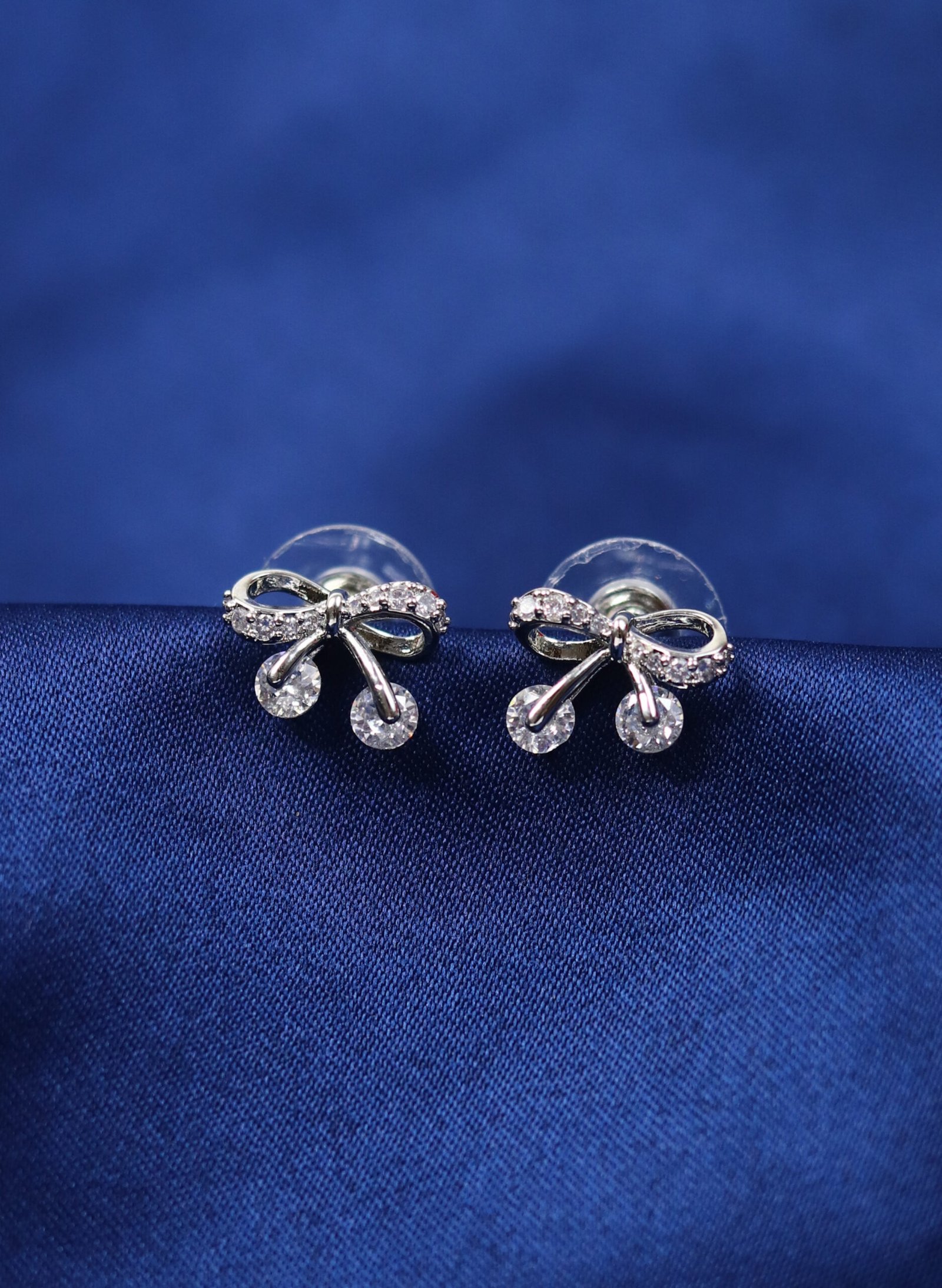 Silver Bow Stud Earrings with Dangling Crystals | Elegant Dainty Earrings for Women - Image 3